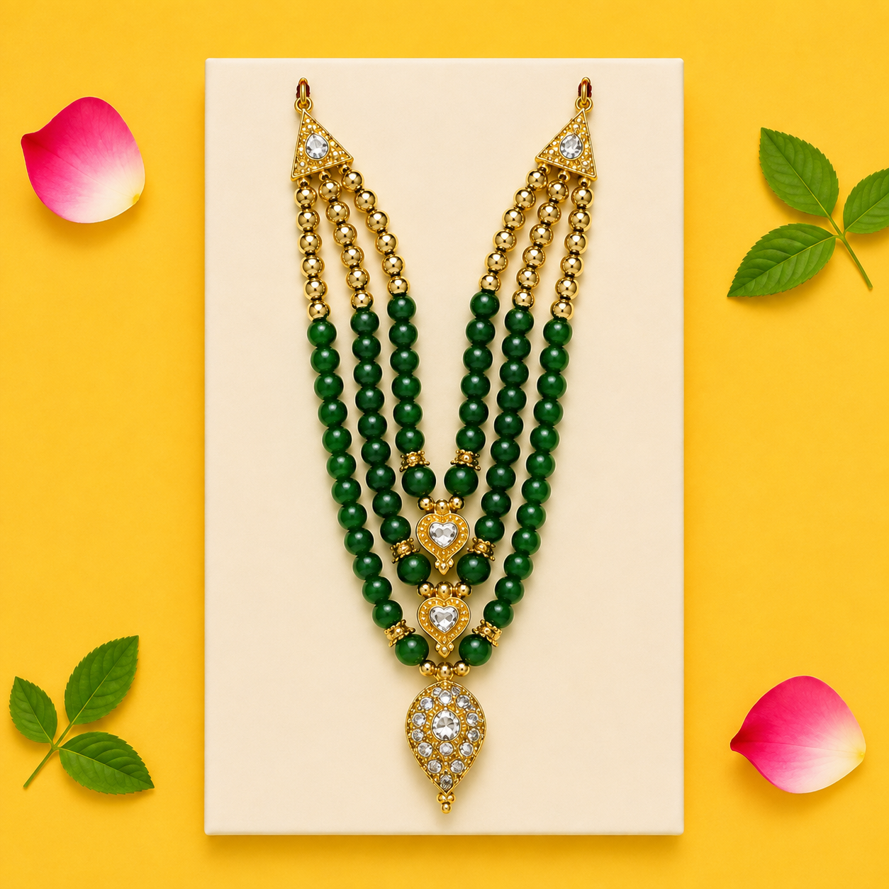 3-Tier Teardrop Pendant Kanha Ji Mala - Green & Gold