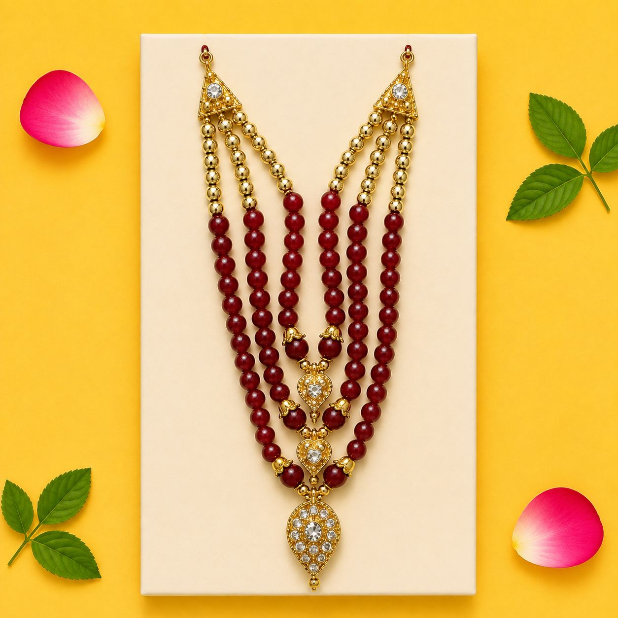 3-Tier Teardrop Pendant Kanha Ji Mala - Red & Gold