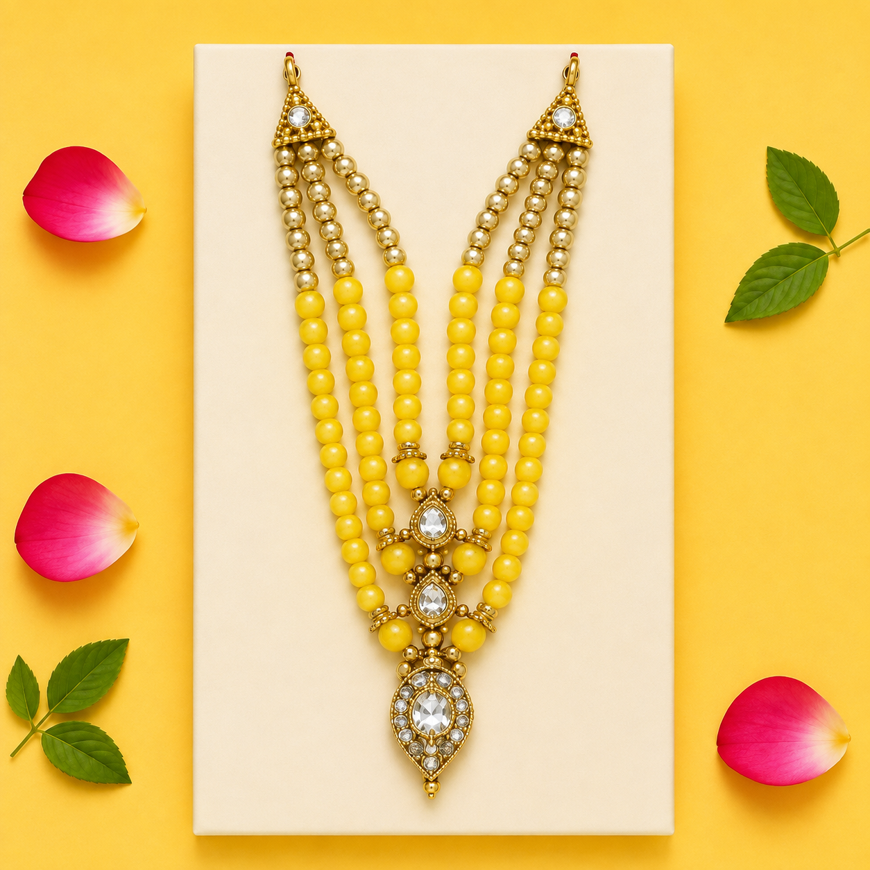 3-Tier Teardrop Pendant Kanha Ji Mala - Yellow & Gold