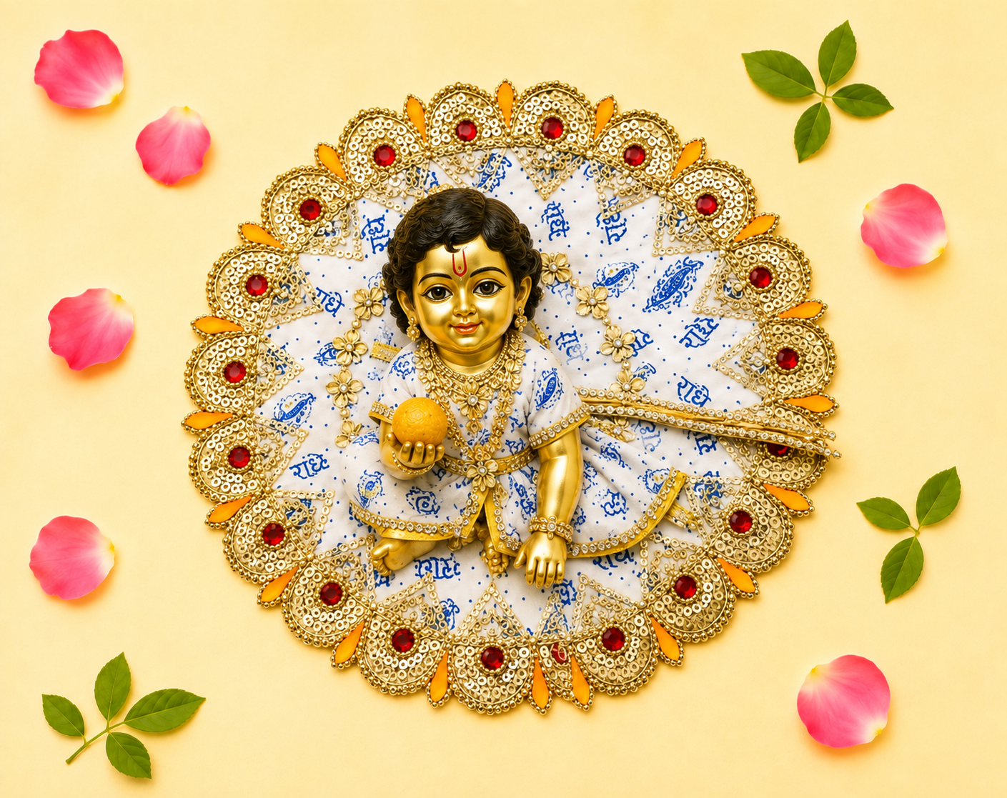 White & Blue "Radhe Radhe" Printed Laddu Gopal Poshak with Heavy Gold & Stone Border