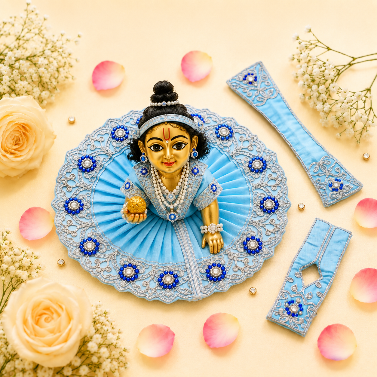 Baby Blue Crystal Embroidered Ladoo Gopal Poshak Set