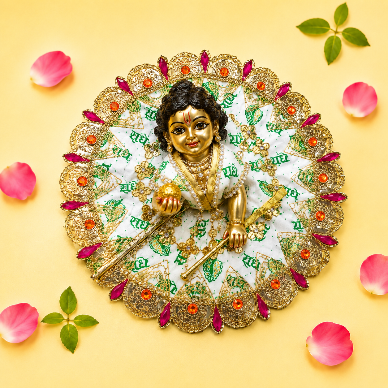 White & Green "Radhe Radhe" Printed Laddu Gopal Poshak with Heavy Gold & Stone Border
