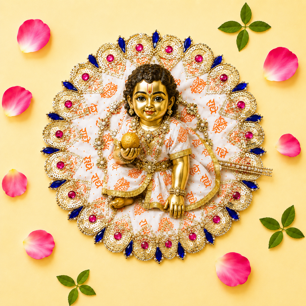 White & Orange"Radhe Radhe" Printed Laddu Gopal Poshak with Heavy Gold & Stone Border
