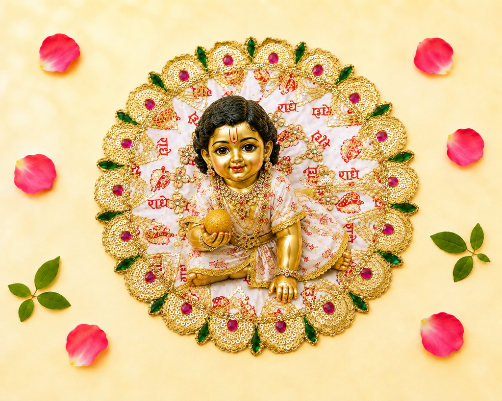 White & Red "Radhe Radhe" Printed Laddu Gopal Poshak with Heavy Gold & Stone Border