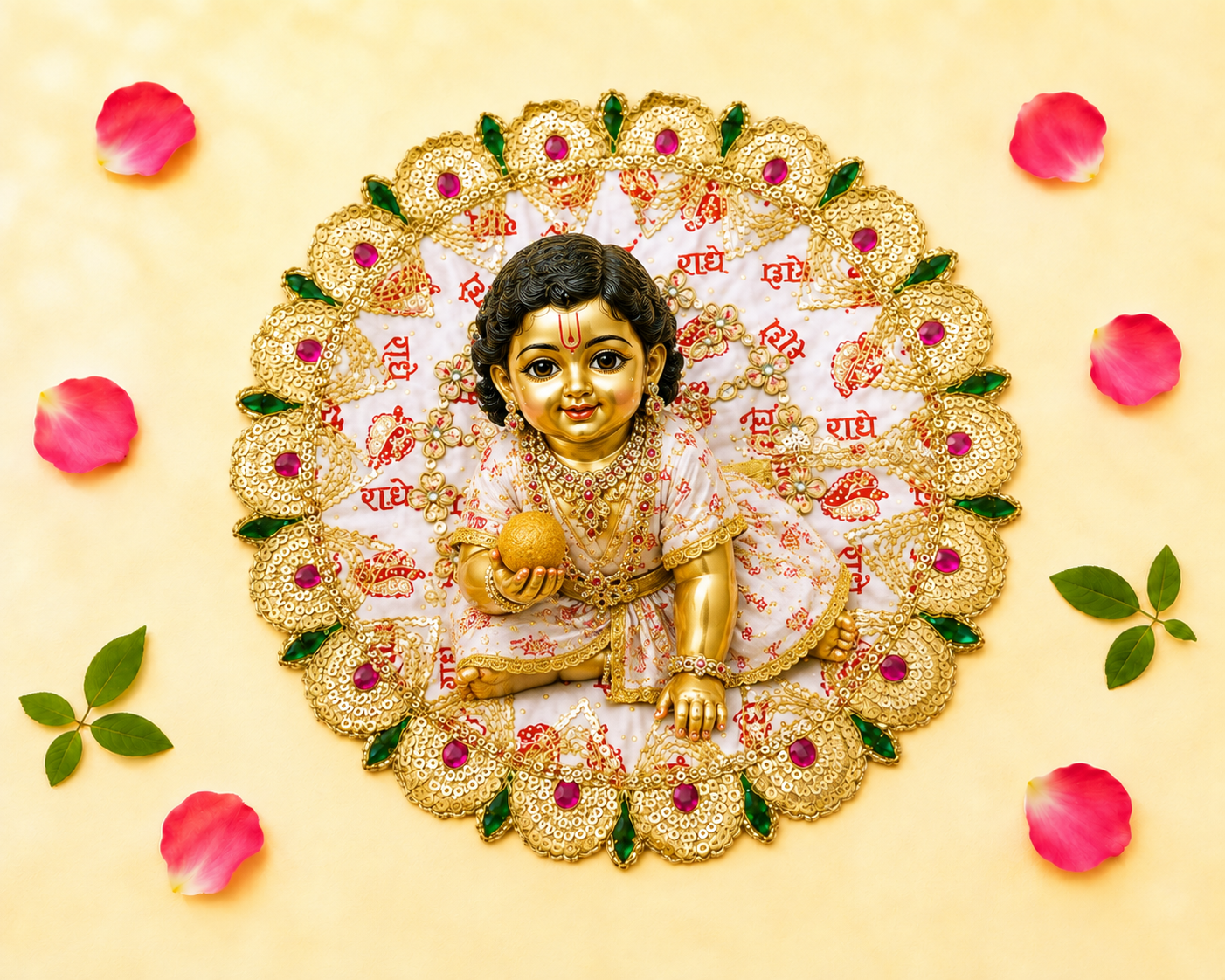 White & Red "Radhe Radhe" Printed Laddu Gopal Poshak with Heavy Gold & Stone Border