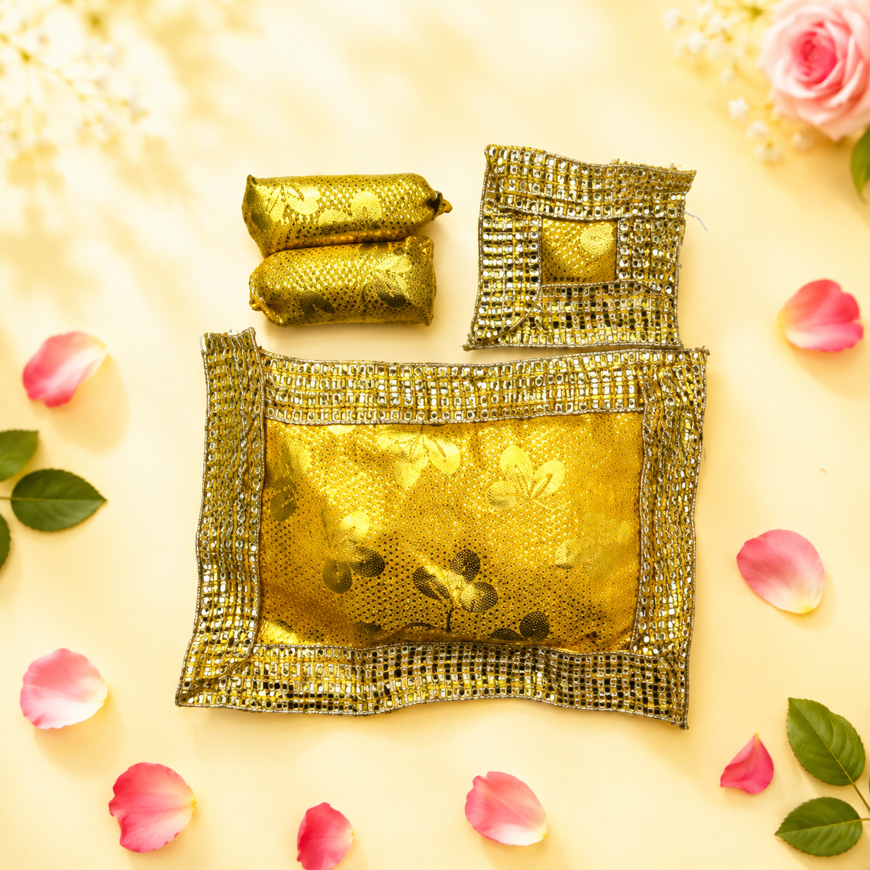 Premium Golden Brocade Laddu Gopal Bedding Set with Shimmering Lace