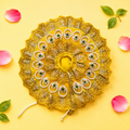 Bright Yellow Pearl Teardrop Laddu Gopal Poshak with Heavy Zari Border With Blue Stone