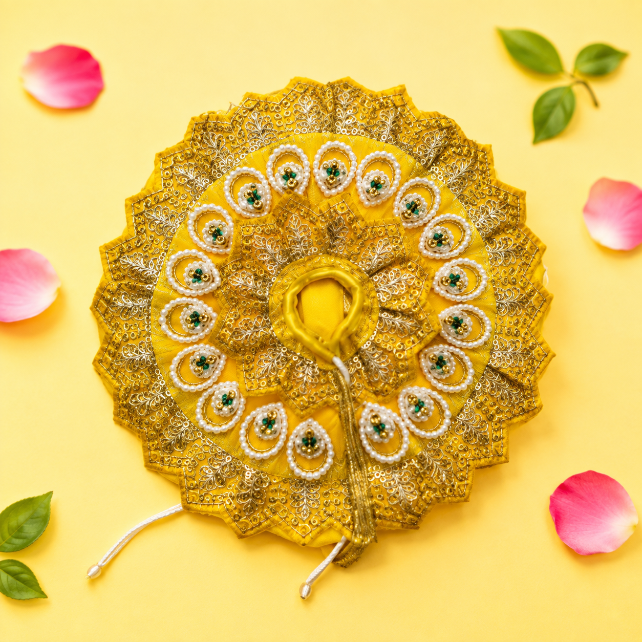 Bright Yellow Pearl Teardrop Laddu Gopal Poshak with Heavy Zari Border With Blue Stone