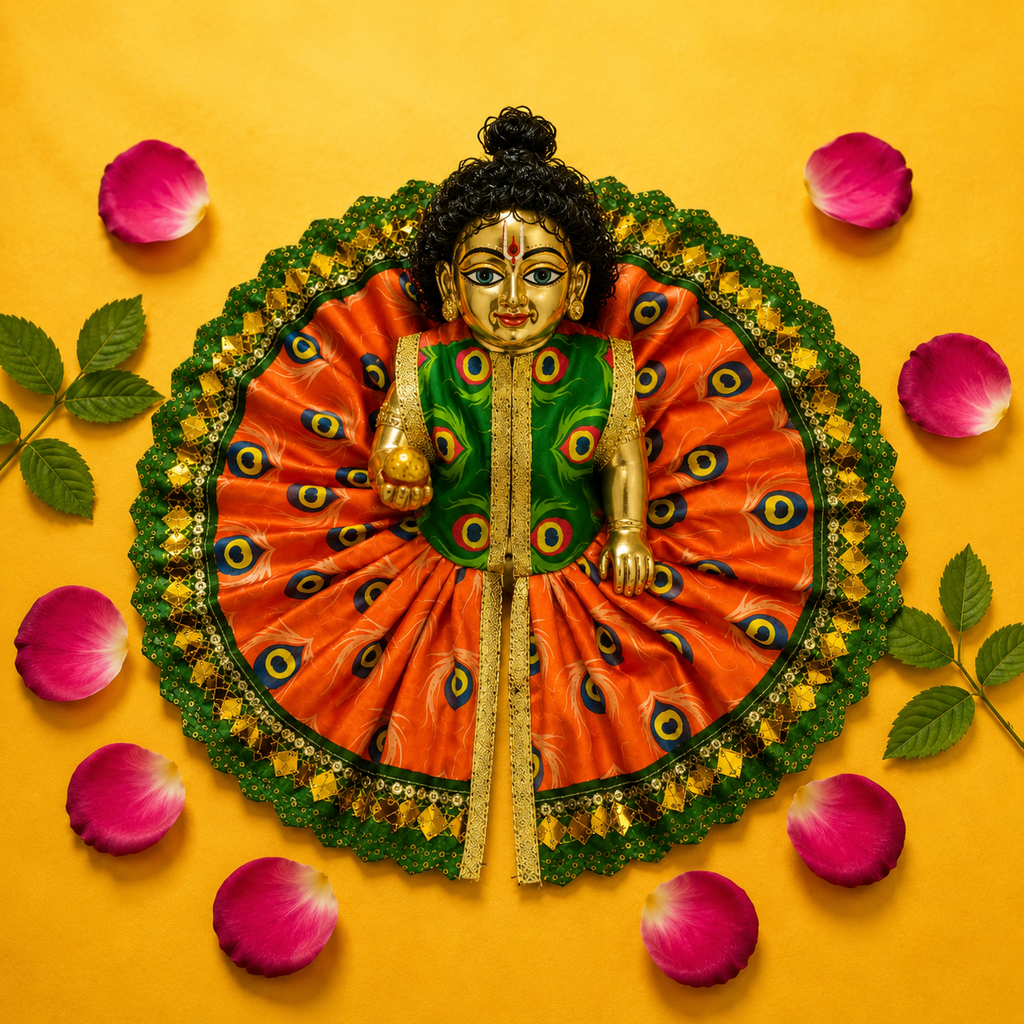 Mor Pankh Print Laddu Gopal Poshak Set with Choli - Orange & Green (Size 5)