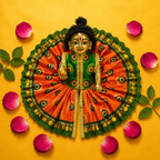 Mor Pankh Print Laddu Gopal Poshak Set with Choli - Orange & Green (Size 5)
