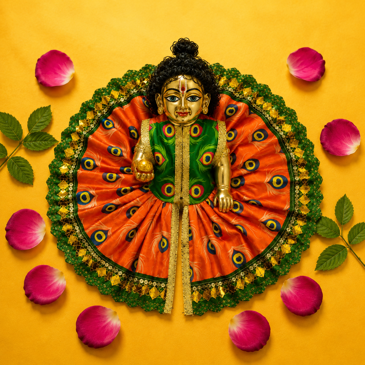 Mor Pankh Print Laddu Gopal Poshak Set with Choli - Orange & Green (Size 5)
