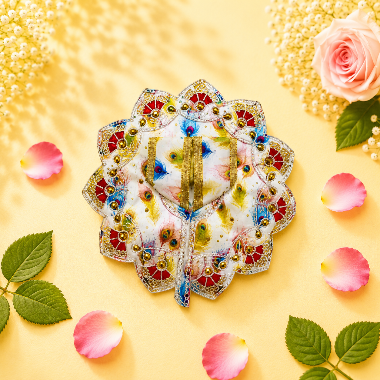 Elegant White & Blue Peacock Feather Print Laddu Gopal Poshak with Pink Scalloped Border