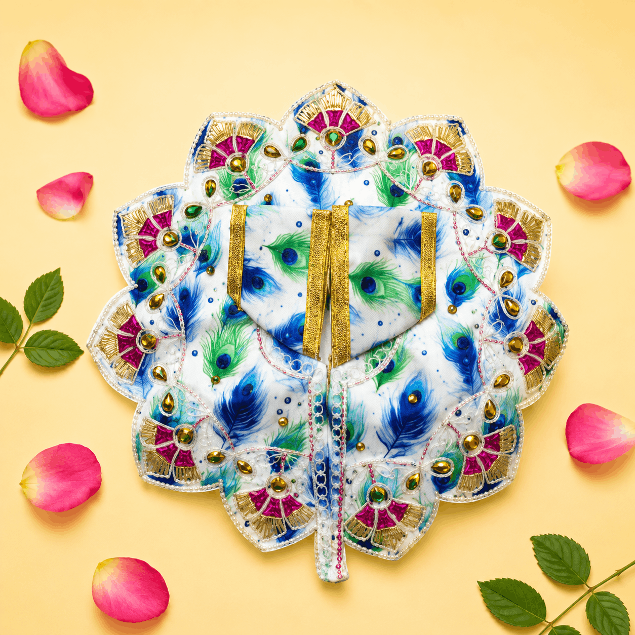 Elegant White & Blue Peacock Feather Print Laddu Gopal Poshak with Pink Scalloped Border