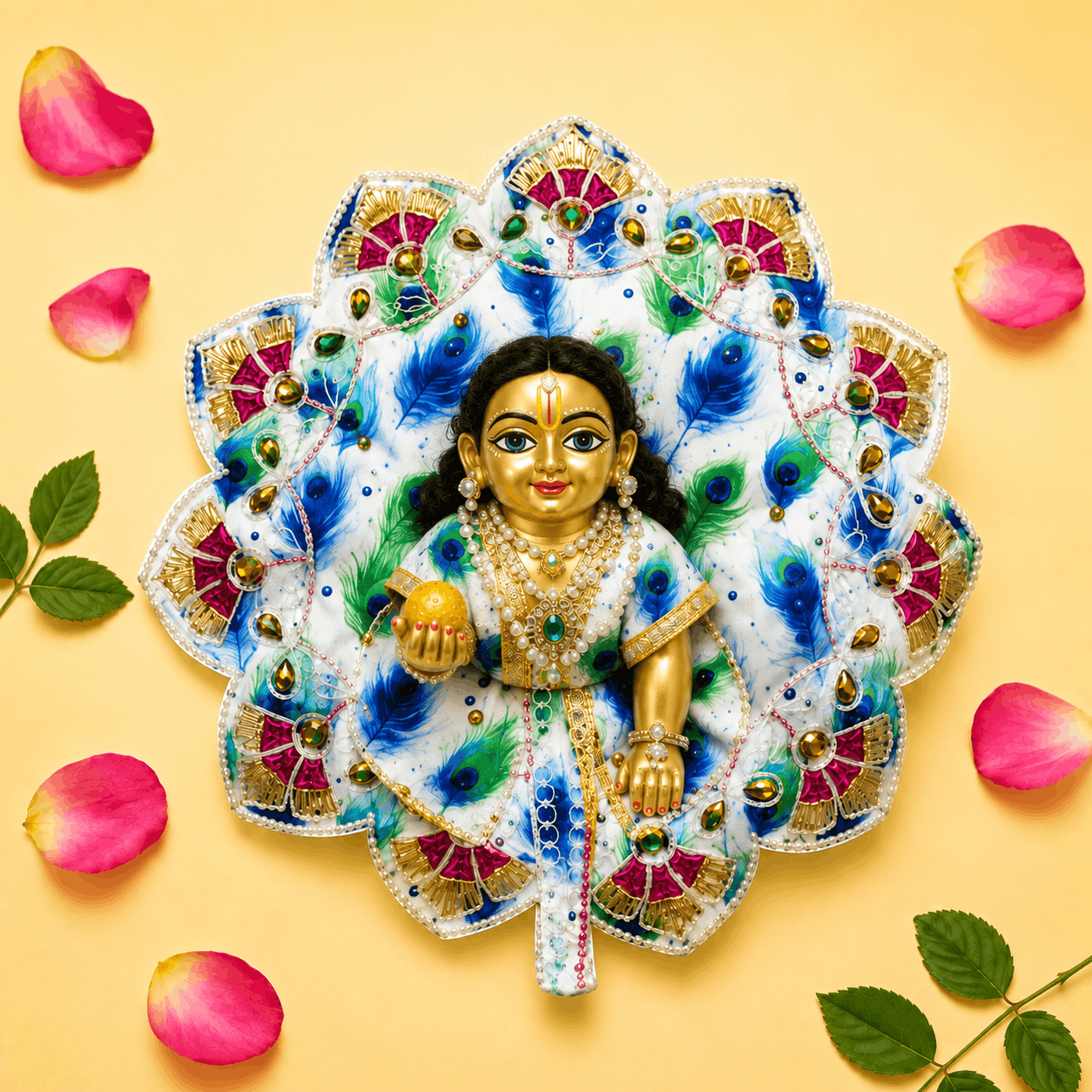 Elegant White & Blue Peacock Feather Print Laddu Gopal Poshak with Pink Scalloped Border