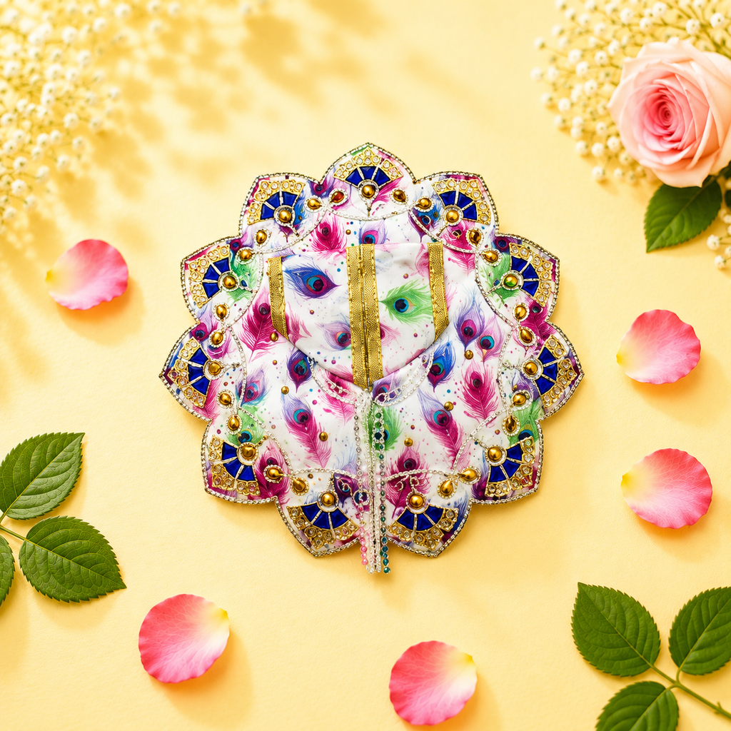 Elegant White & Pink Feather Print Laddu Gopal Poshak with Scalloped Border