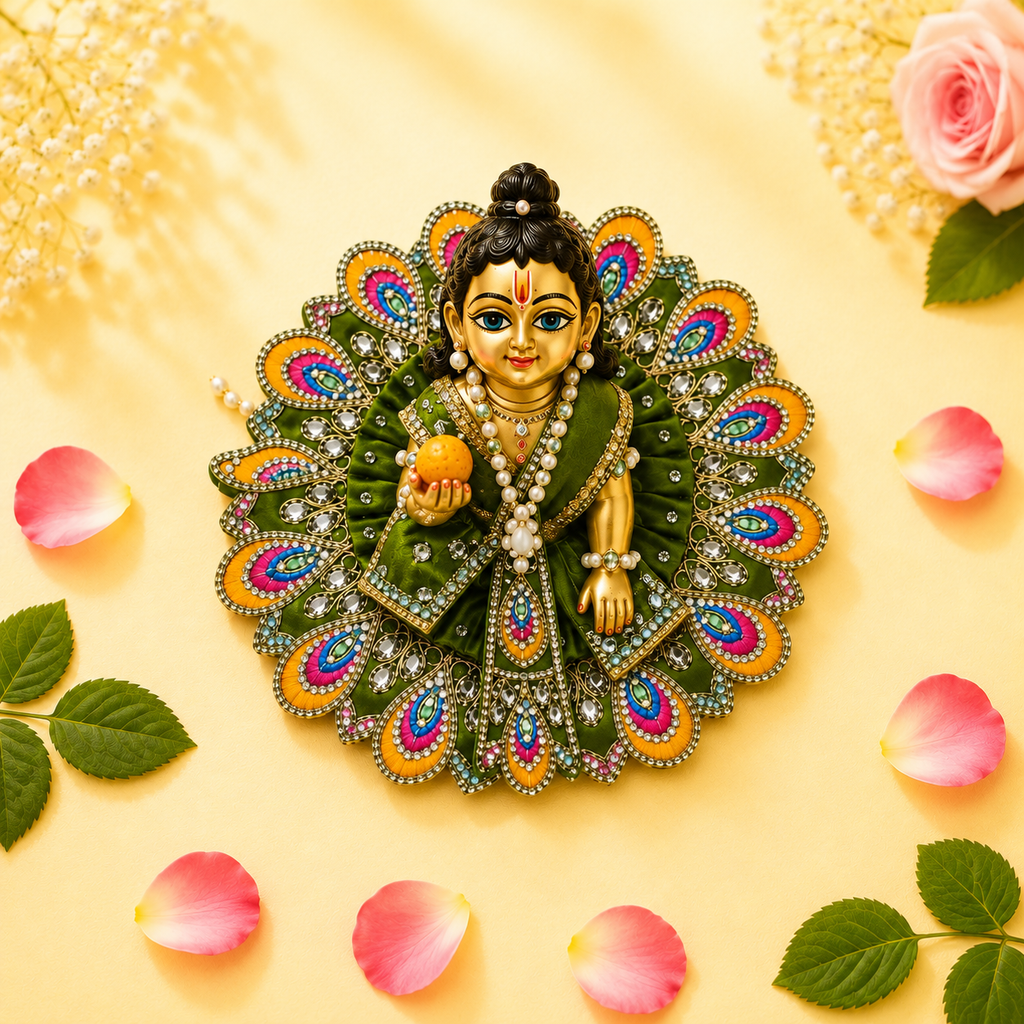 Heavy Motif Green Silk Poshak Set for Laddu Gopal (with Choli & Patka)