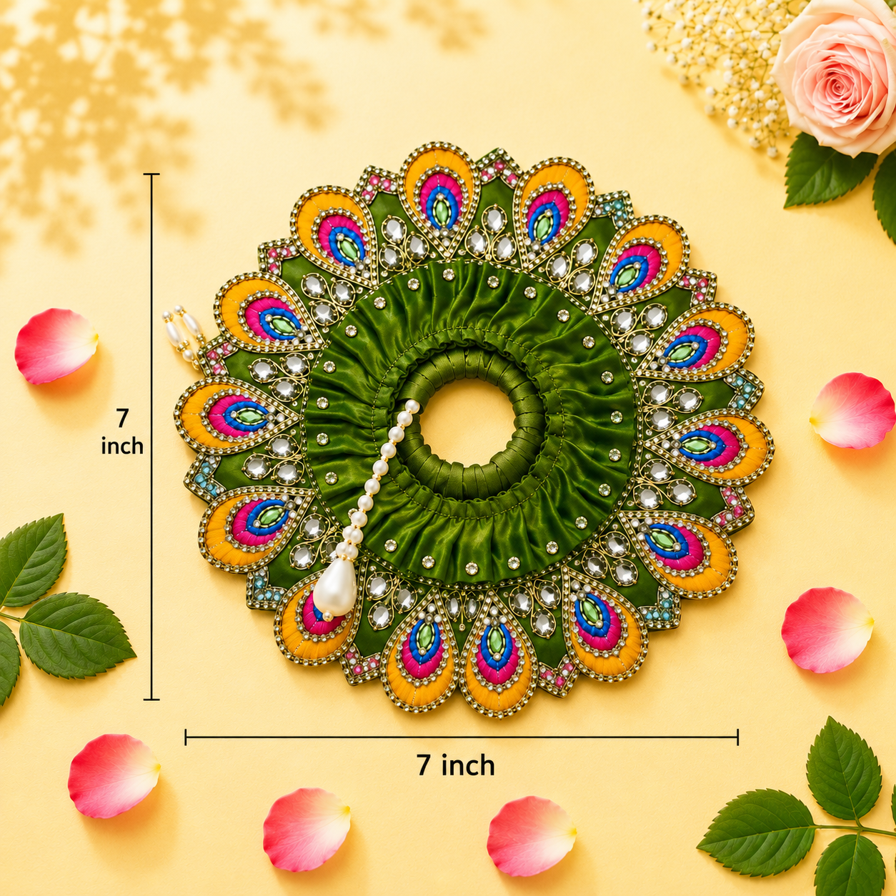 Heavy Motif Green Silk Poshak Set for Laddu Gopal (with Choli & Patka)