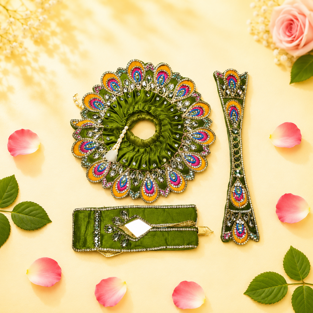 Heavy Motif Green Silk Poshak Set for Laddu Gopal (with Choli & Patka)