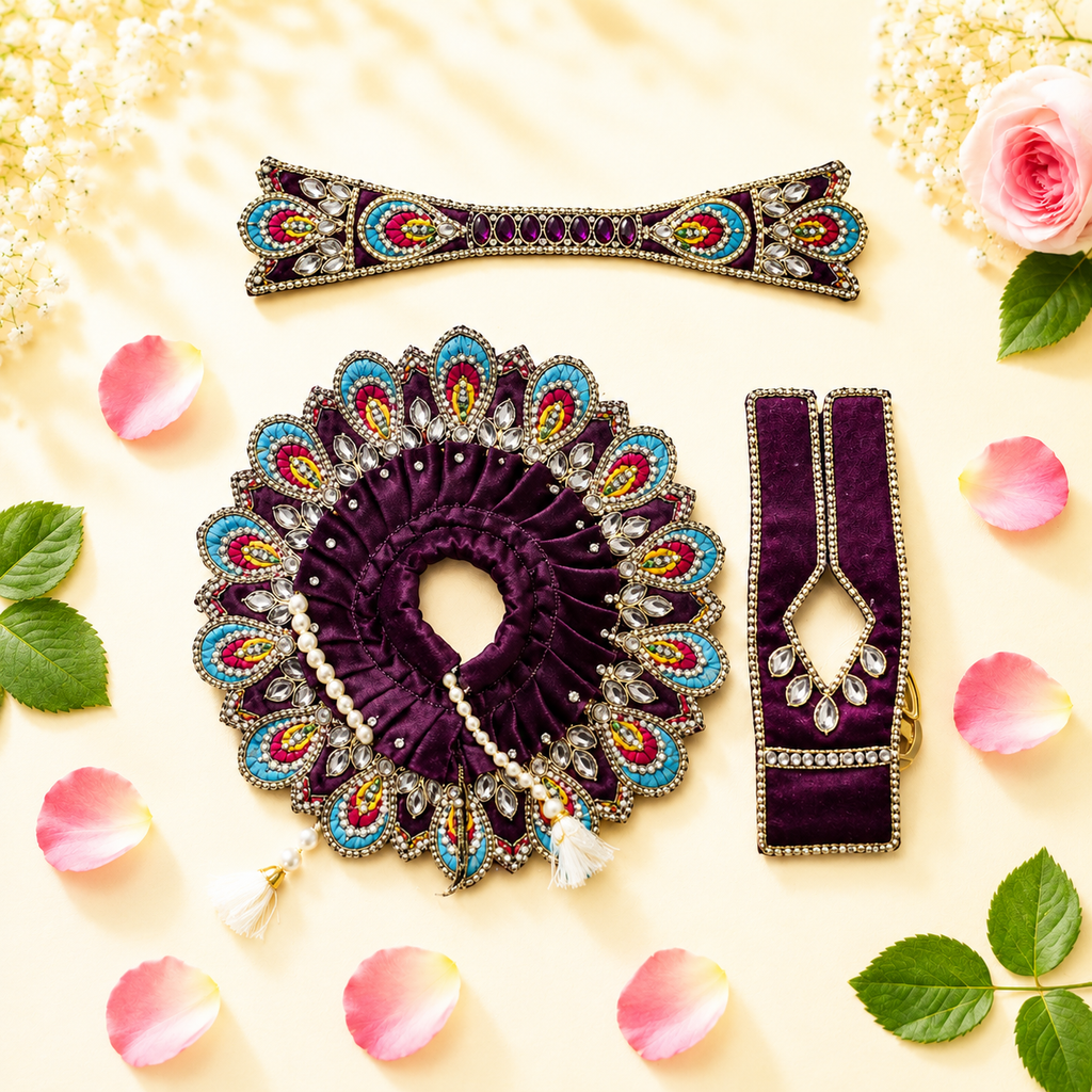 Heavy Motif Purple Silk Poshak Set for Laddu Gopal (with Choli & Patka)