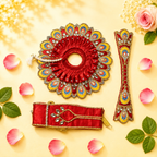 Heavy Motif Red Silk Poshak Set for Laddu Gopal (with Choli & Patka)