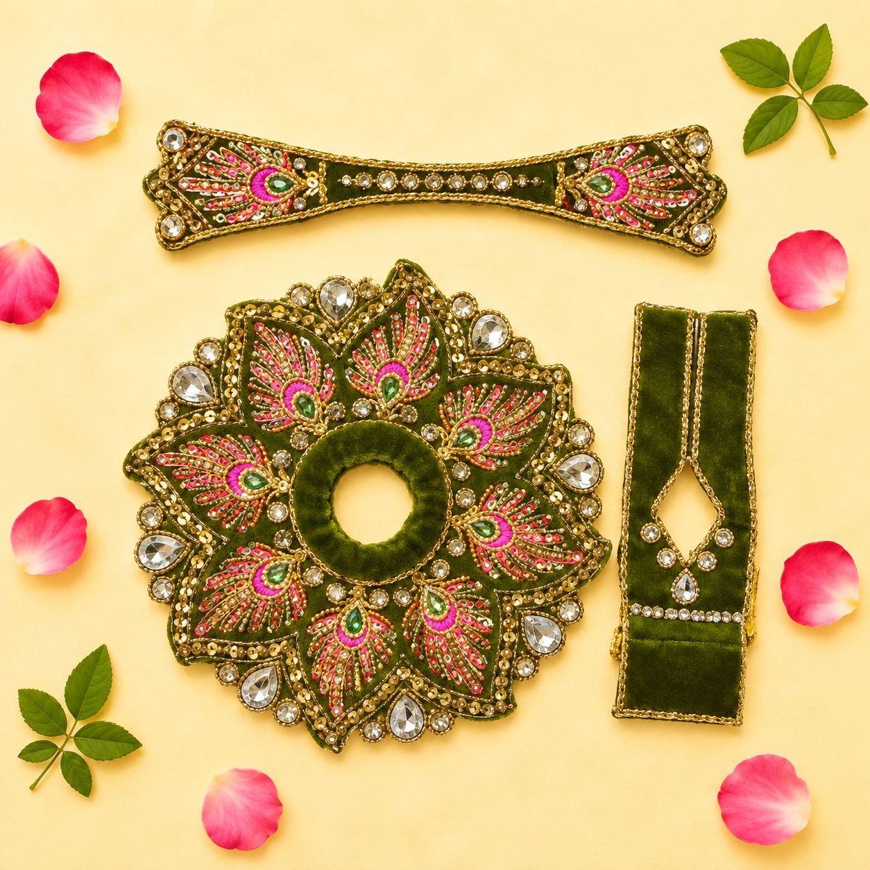 Heavy Olive Green Stone Work Skill Blend Laddu Gopal Poshak with Patka & Choli