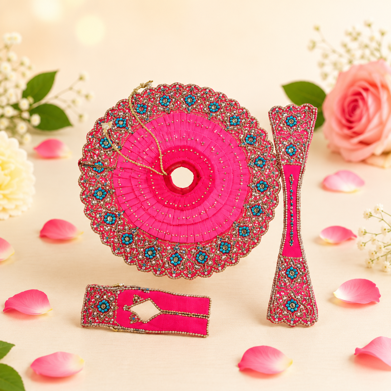 Hot Pink & Blue Floral Mirror Work Ladoo Gopal Poshak Set