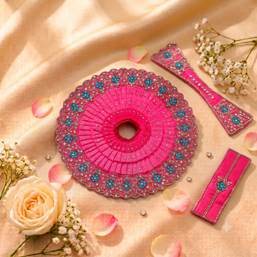 Hot Pink & Blue Floral Mirror Work Ladoo Gopal Poshak Set