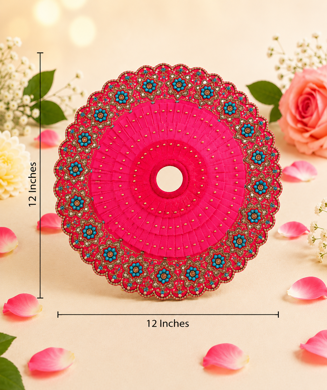 Hot Pink & Blue Floral Mirror Work Ladoo Gopal Poshak Set