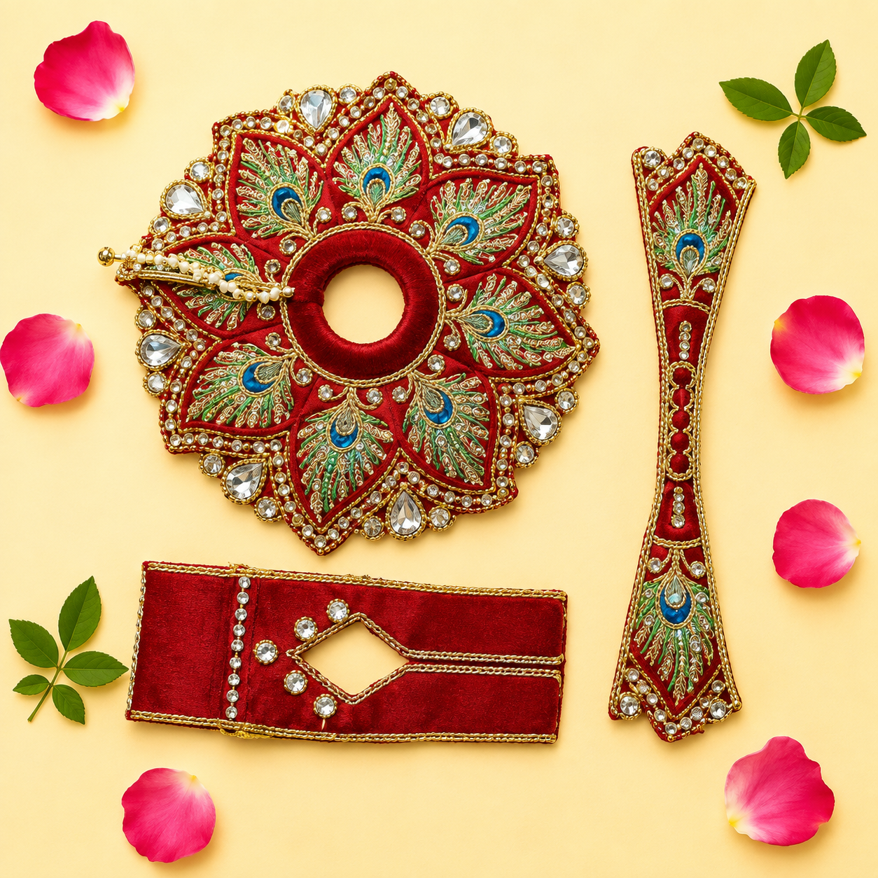 Heavy Red Peacock Motif Skill Blend Laddu Gopal Poshak with Patka & Choli