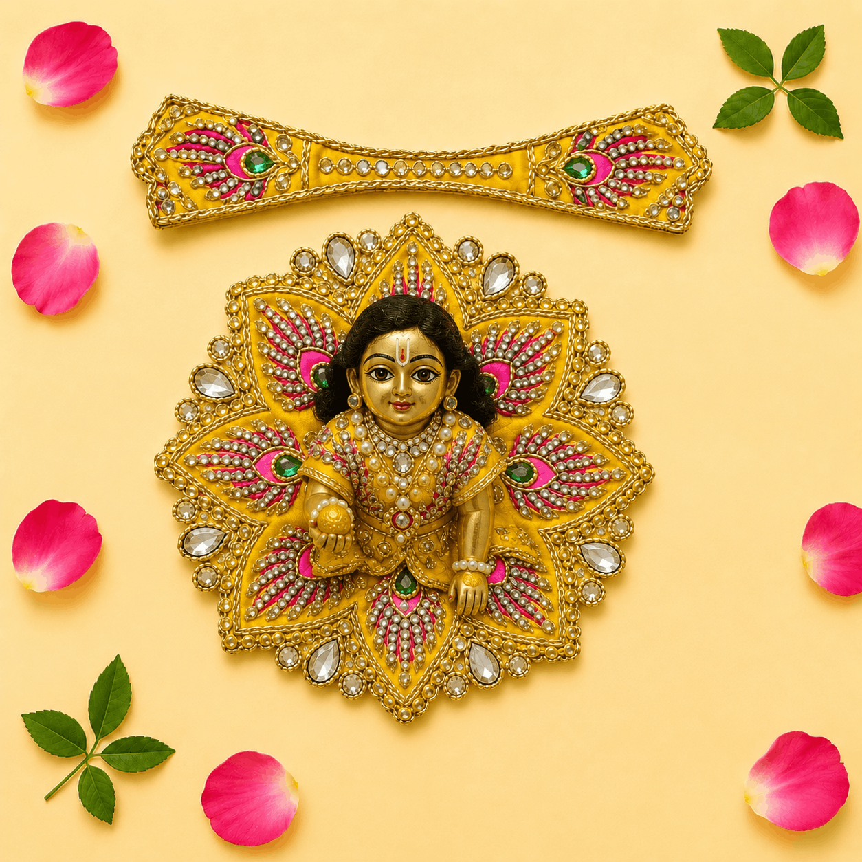 Heavy Yellow Stone Work Skill Blend Laddu Gopal Poshak with Patka & Choli