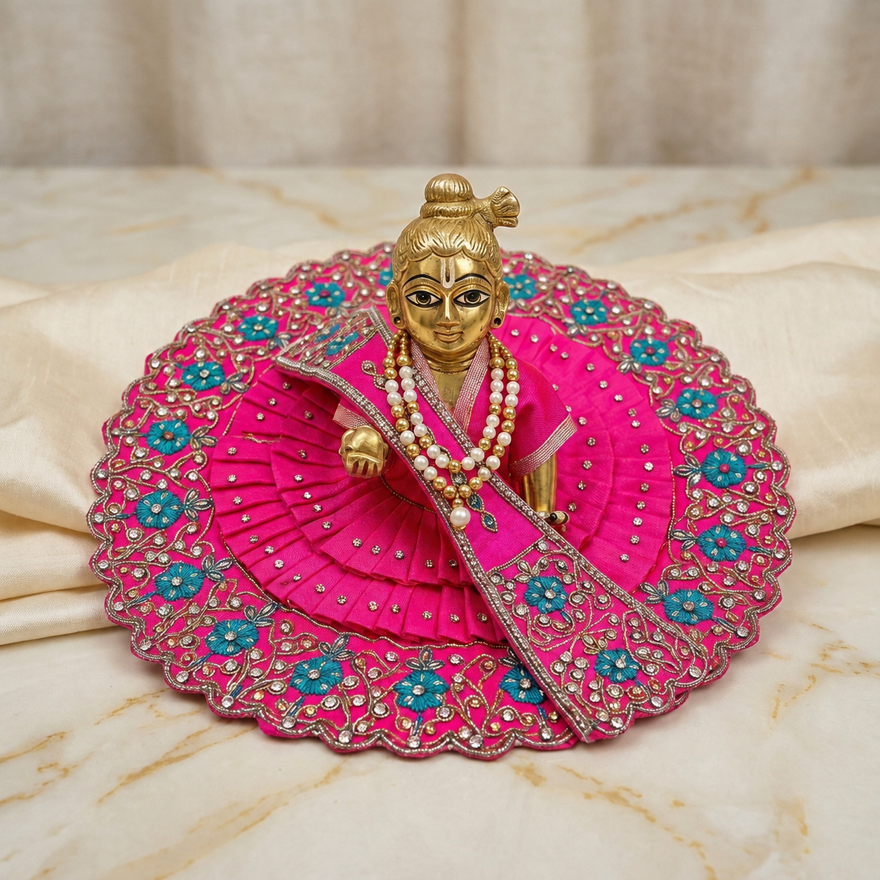 Hot Pink & Blue Floral Mirror Work Ladoo Gopal Poshak Set