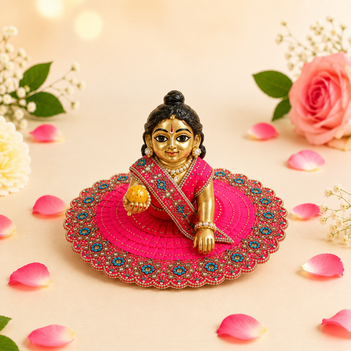 Hot Pink & Blue Floral Mirror Work Ladoo Gopal Poshak Set