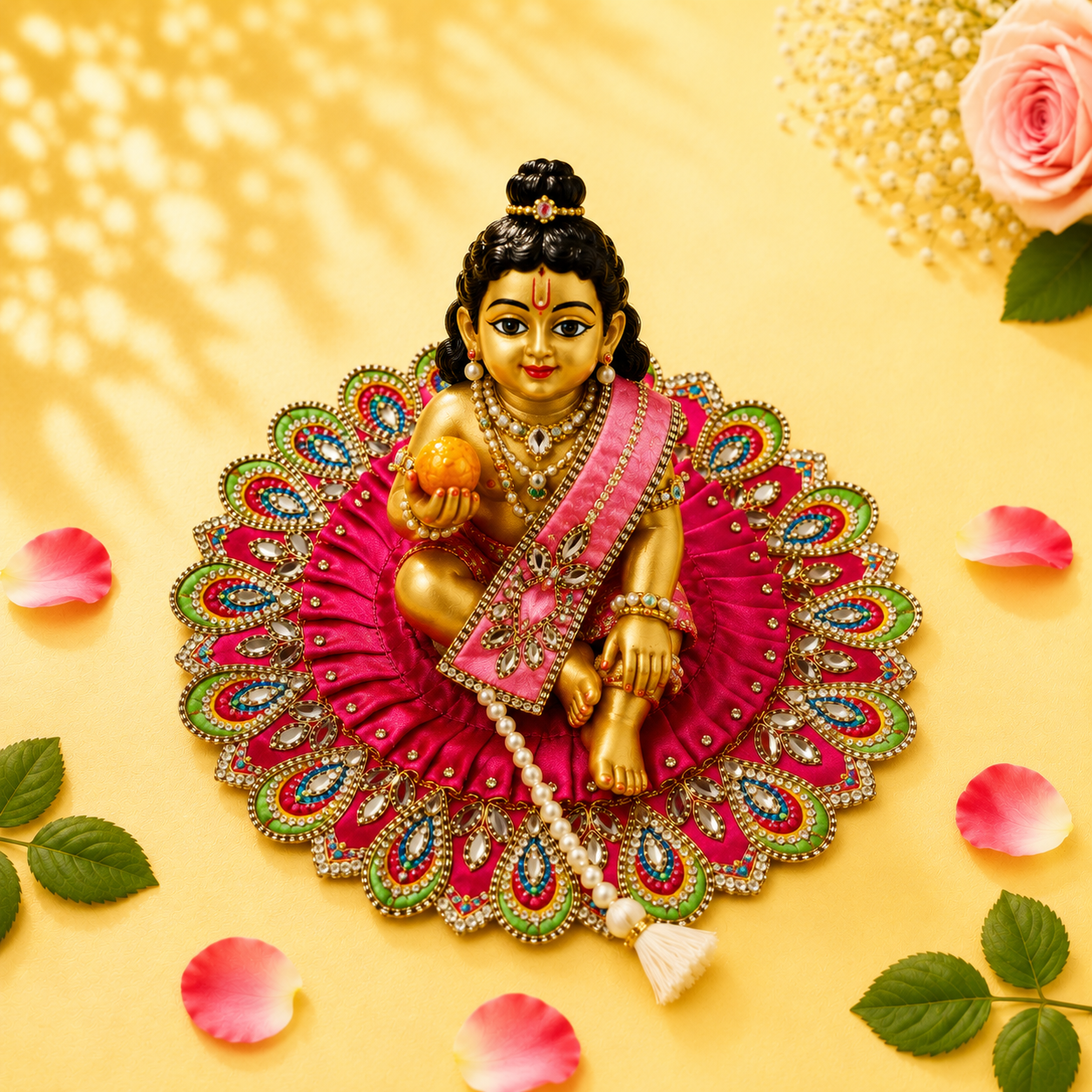 Heavy Motif Magenta Silk Poshak Set for Laddu Gopal (with Choli & Patka)