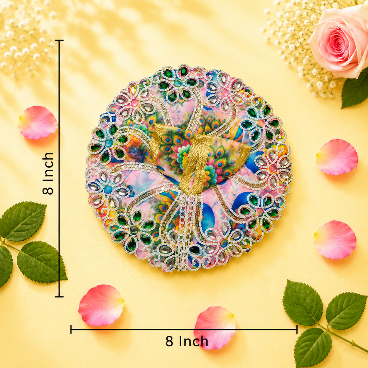 Vibrant Multicolor Printed Laddu Gopal Poshak with Heavy Green Stone Work