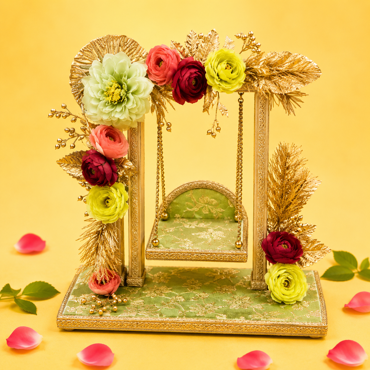 Premium Floral Decorated Laddu Gopal Jhula with Green Brocade Base