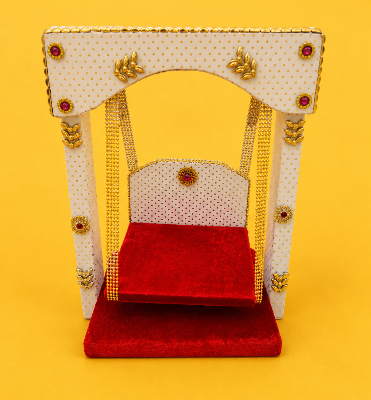 Metal Jhula with Velvet Seat for Laddu Gopal - White & Red (Size 5)