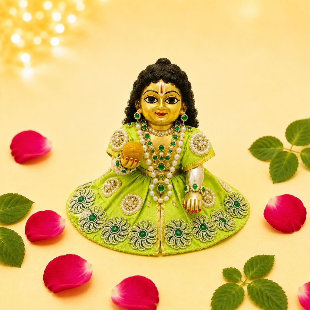 Light Green Parrot Motif Laddu Gopal Poshak with Heavy Pearl & Stone Work