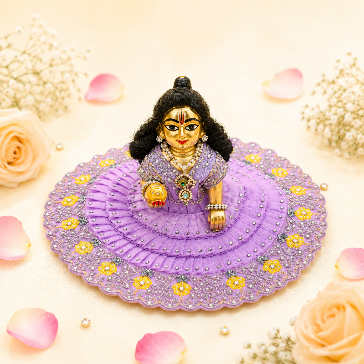 Lavender & Gold Floral Embroidered Ladoo Gopal Poshak Set