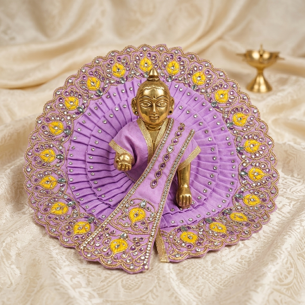 Lavender & Gold Floral Embroidered Ladoo Gopal Poshak Set