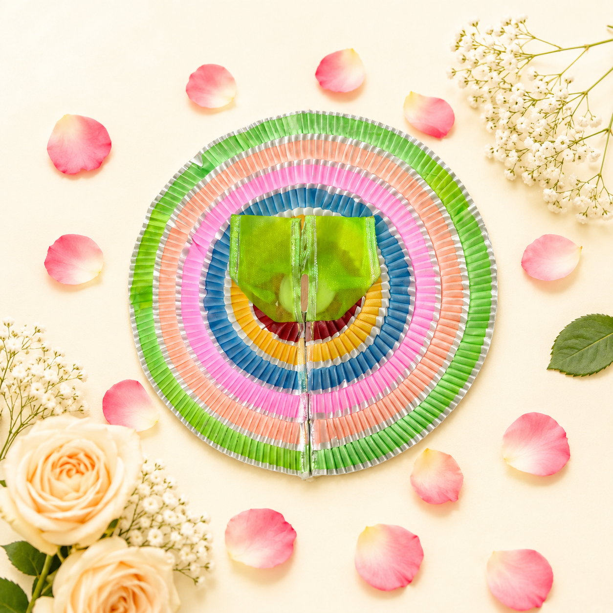 Multicolor Pleated Ring Ladoo Gopal Poshak – Green Center