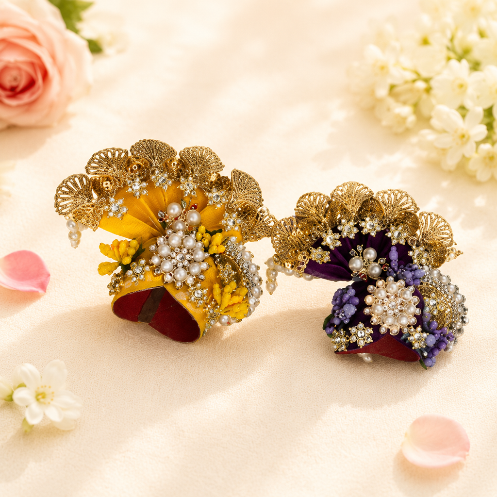 Purple & Yellow Decorative Laddu Gopal Mukut Set