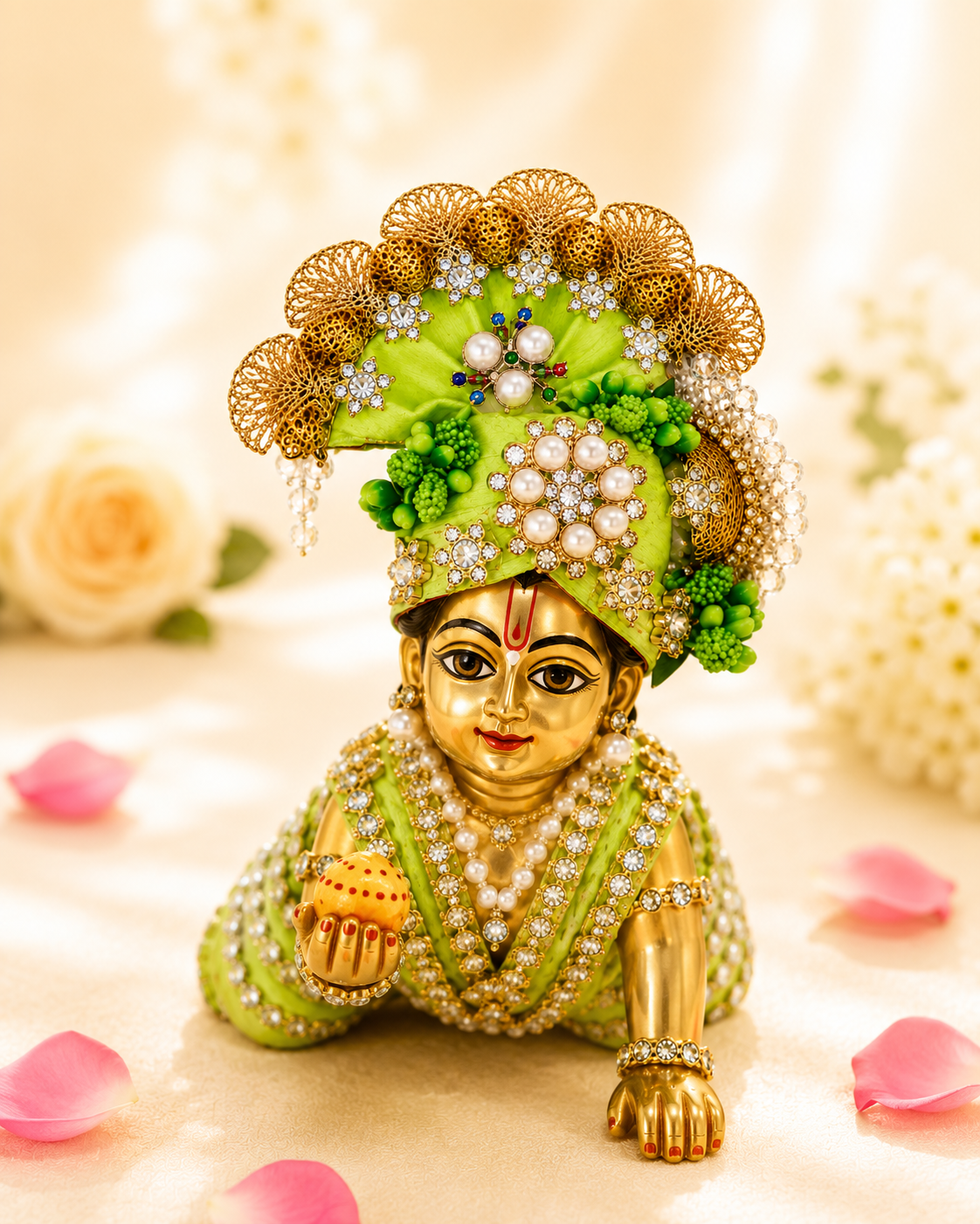 Green Pearl & Crystal Embellished - Laddu Gopal Mukut
