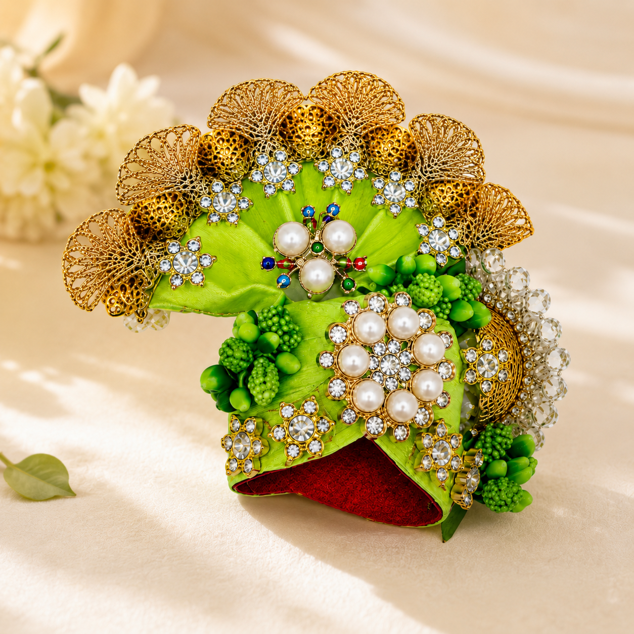Green Pearl & Crystal Embellished - Laddu Gopal Mukut