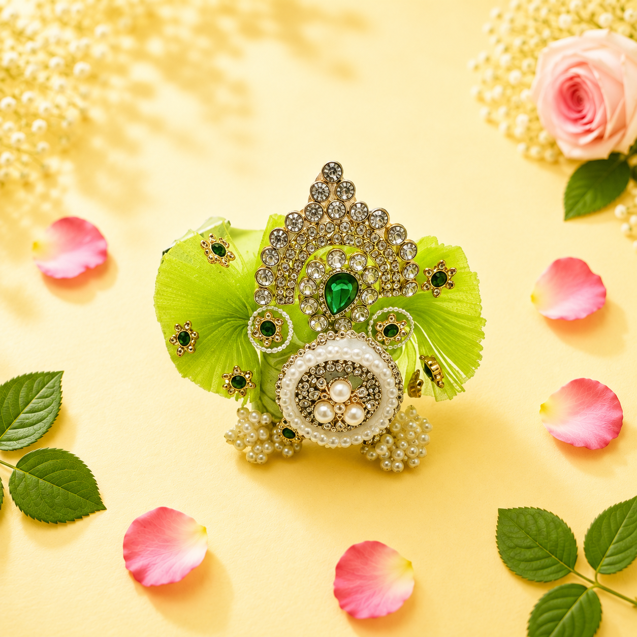 Heavy Designer Light Green Pagdi (Mukut) for Laddu Gopal with Pearl & Stone Work