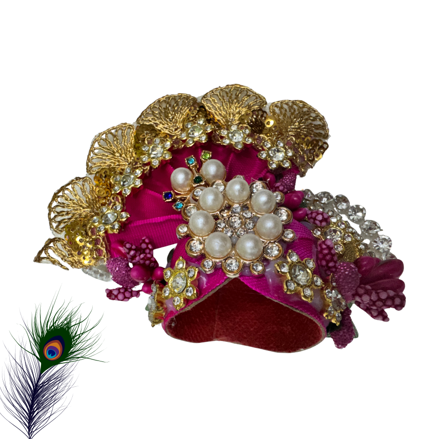 Magenta Pearl & Crystal Embellished  - Laddu Gopal Mukut