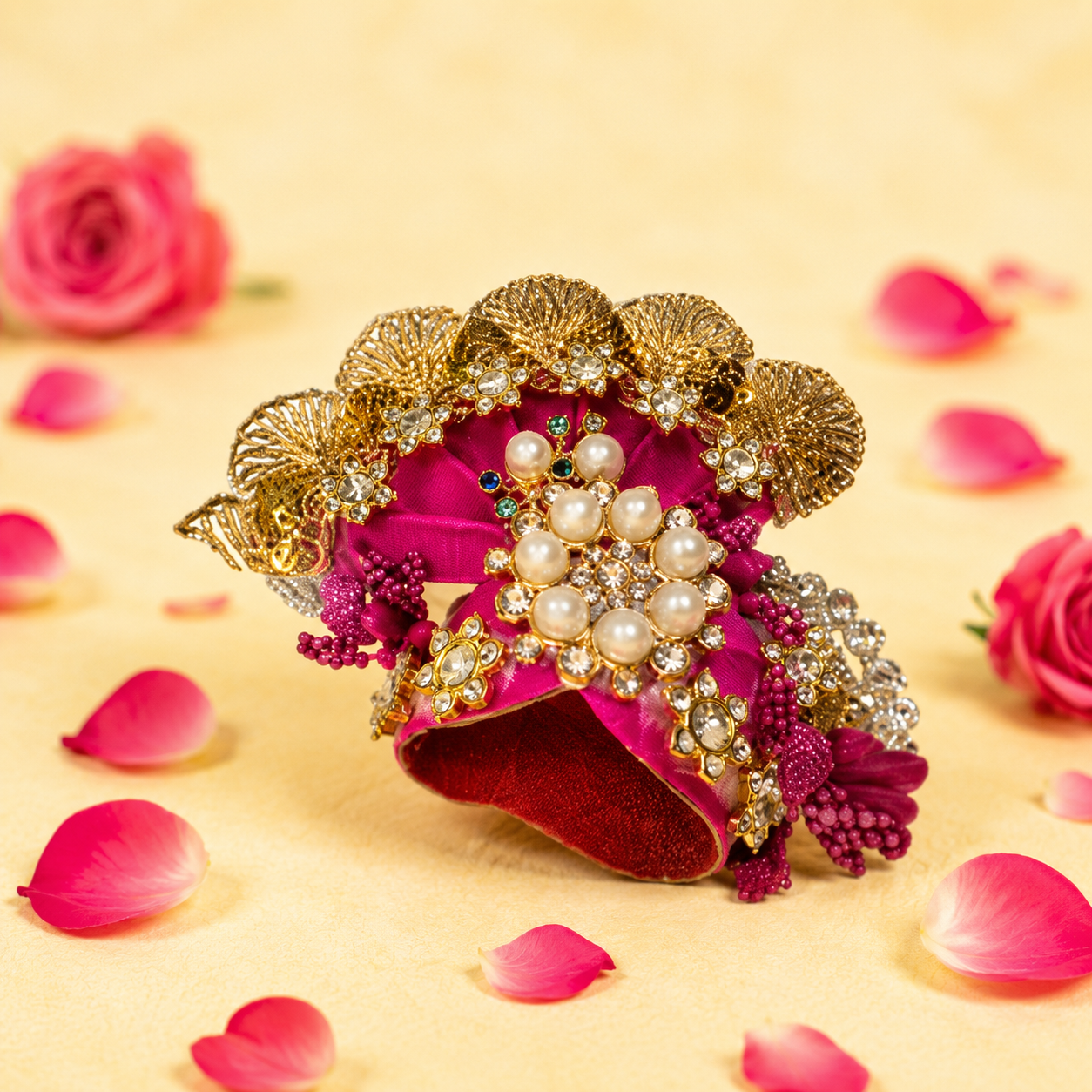 Magenta Pearl & Crystal Embellished  - Laddu Gopal Mukut