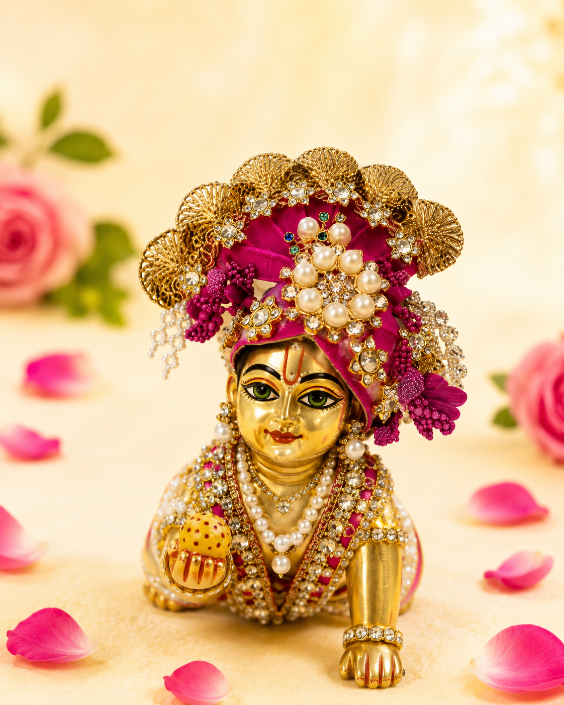 Magenta Pearl & Crystal Embellished  - Laddu Gopal Mukut
