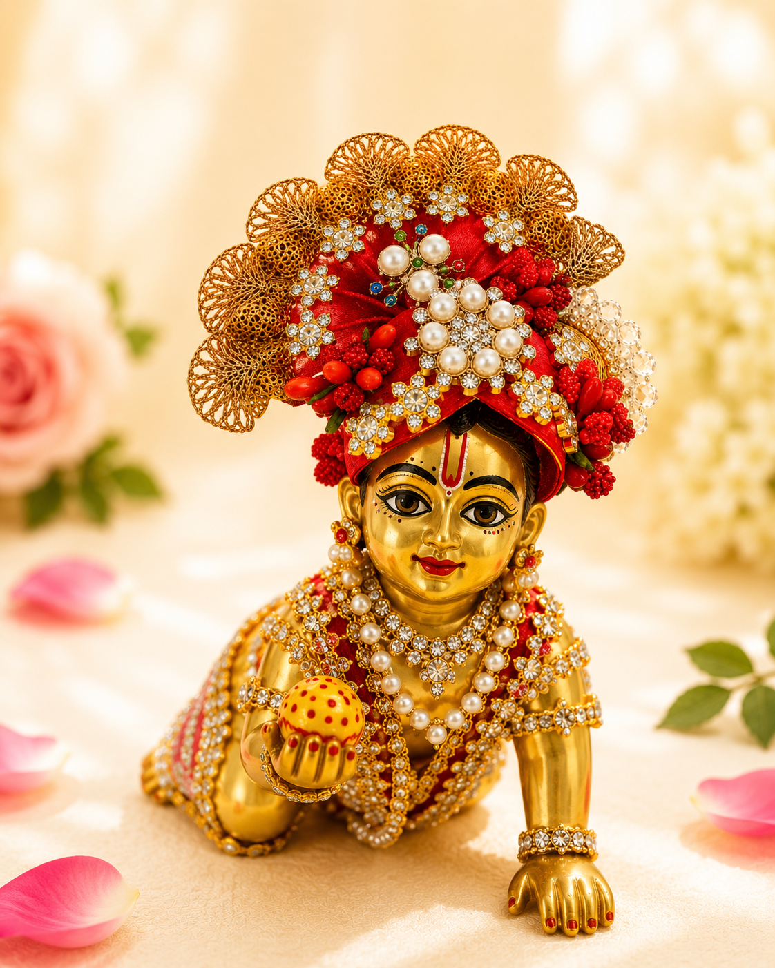 Orange Pearl & Crystal Embellished - Laddu Gopal Mukut