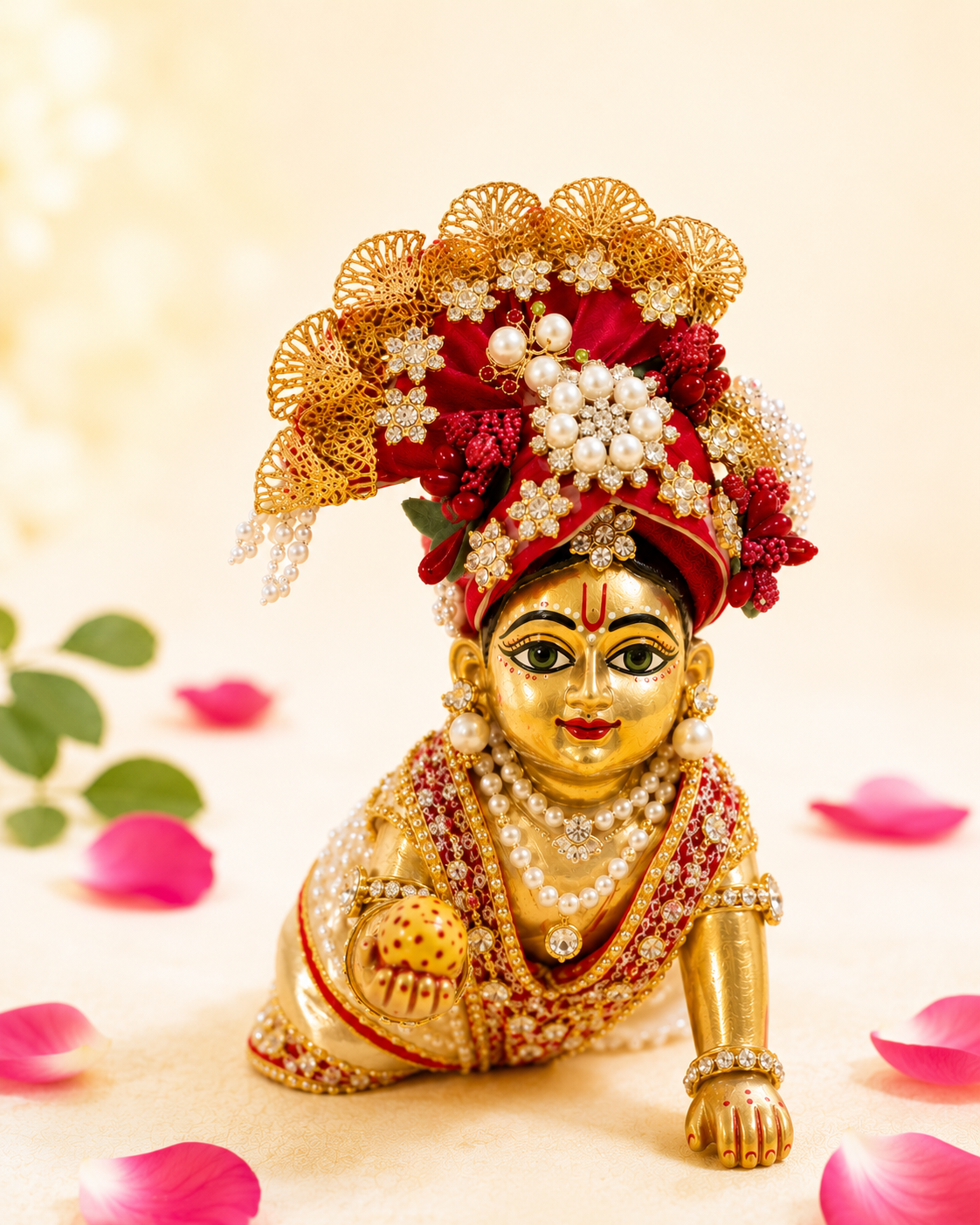 Red Pearl & Crystal Embellished - Laddu Gopal Mukut