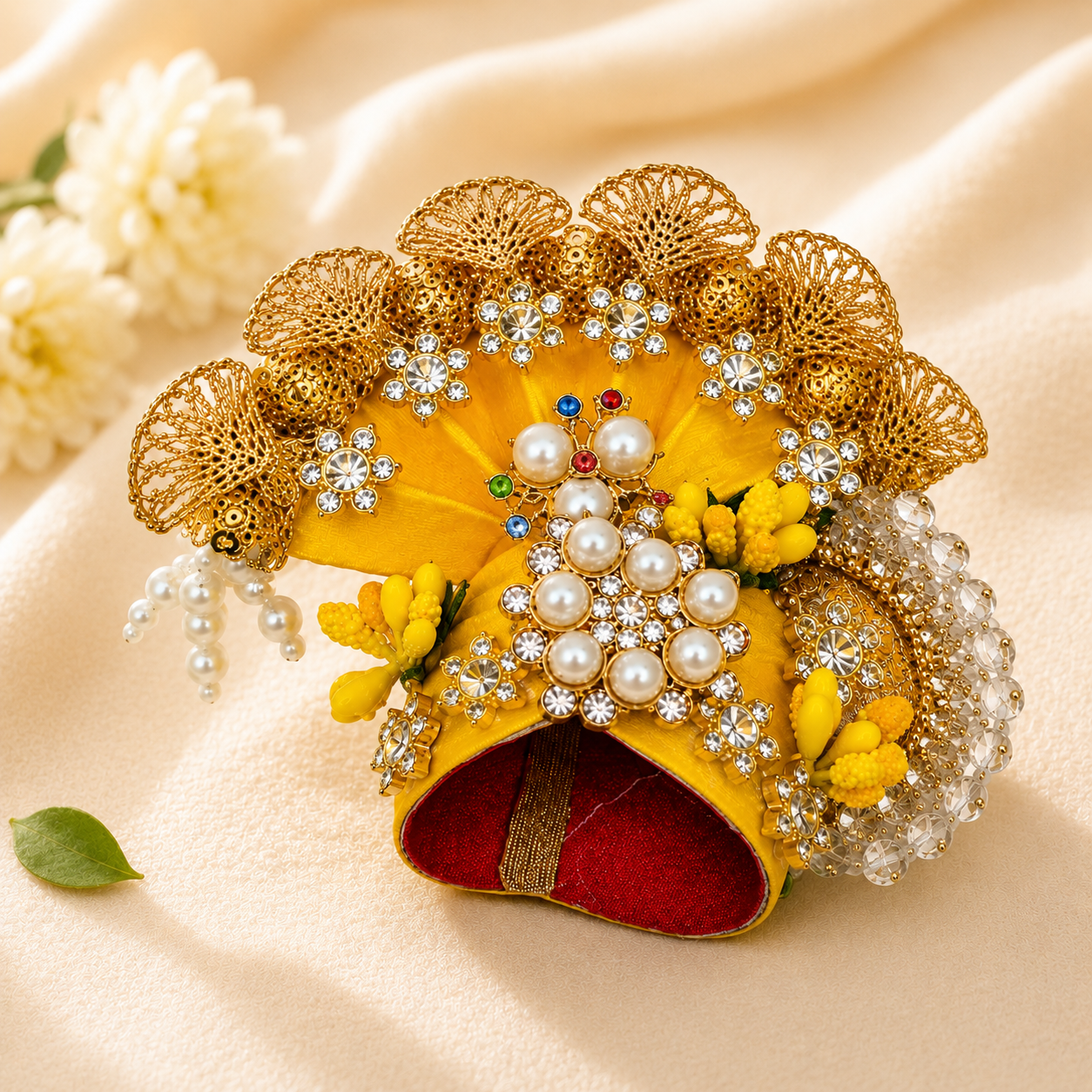 Yellow Pearl & Crystal Embellished - Laddu Gopal Mukut